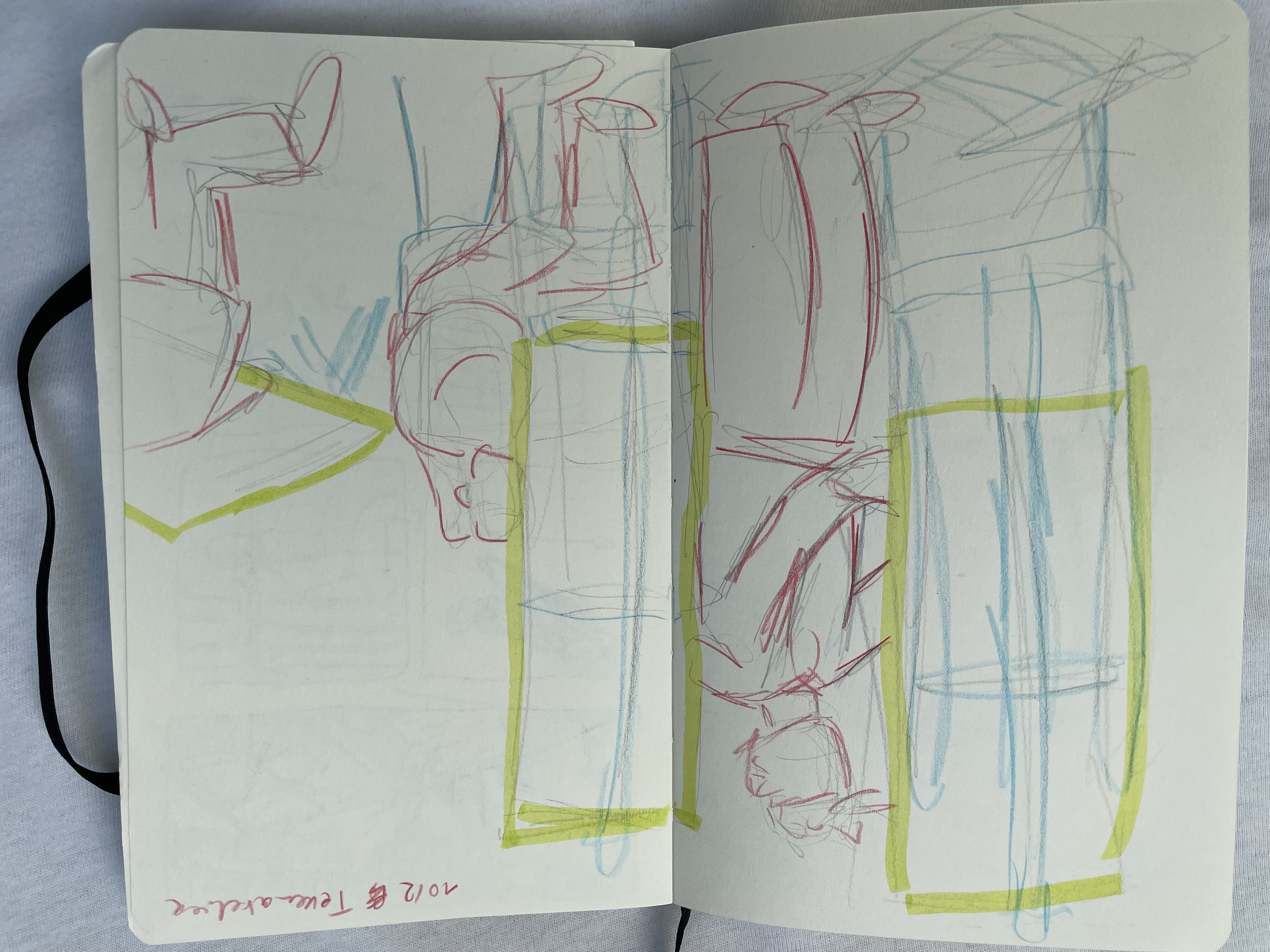 Sketchbook spread of a study of my class standing behind easles. The easles are drawn with a blue coloured pencil and a light green marker, the people are drawn with a red coloured pencil.