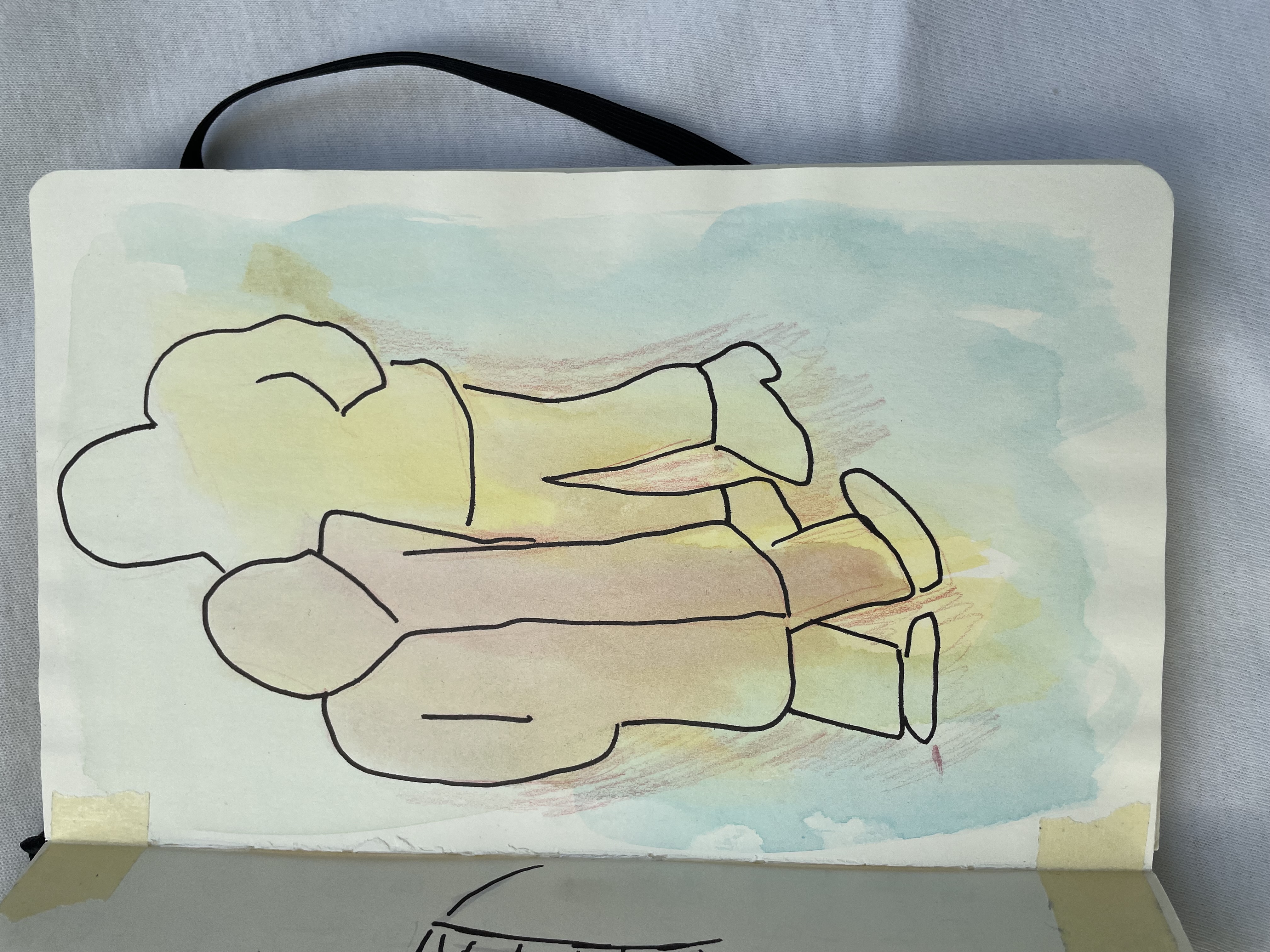 Sketchbook page of an abstract ink drawing of two people standing behind each other. The background is painted in blue, yellow and red hues. Around the figures I added some scratches in red coloured pencil.