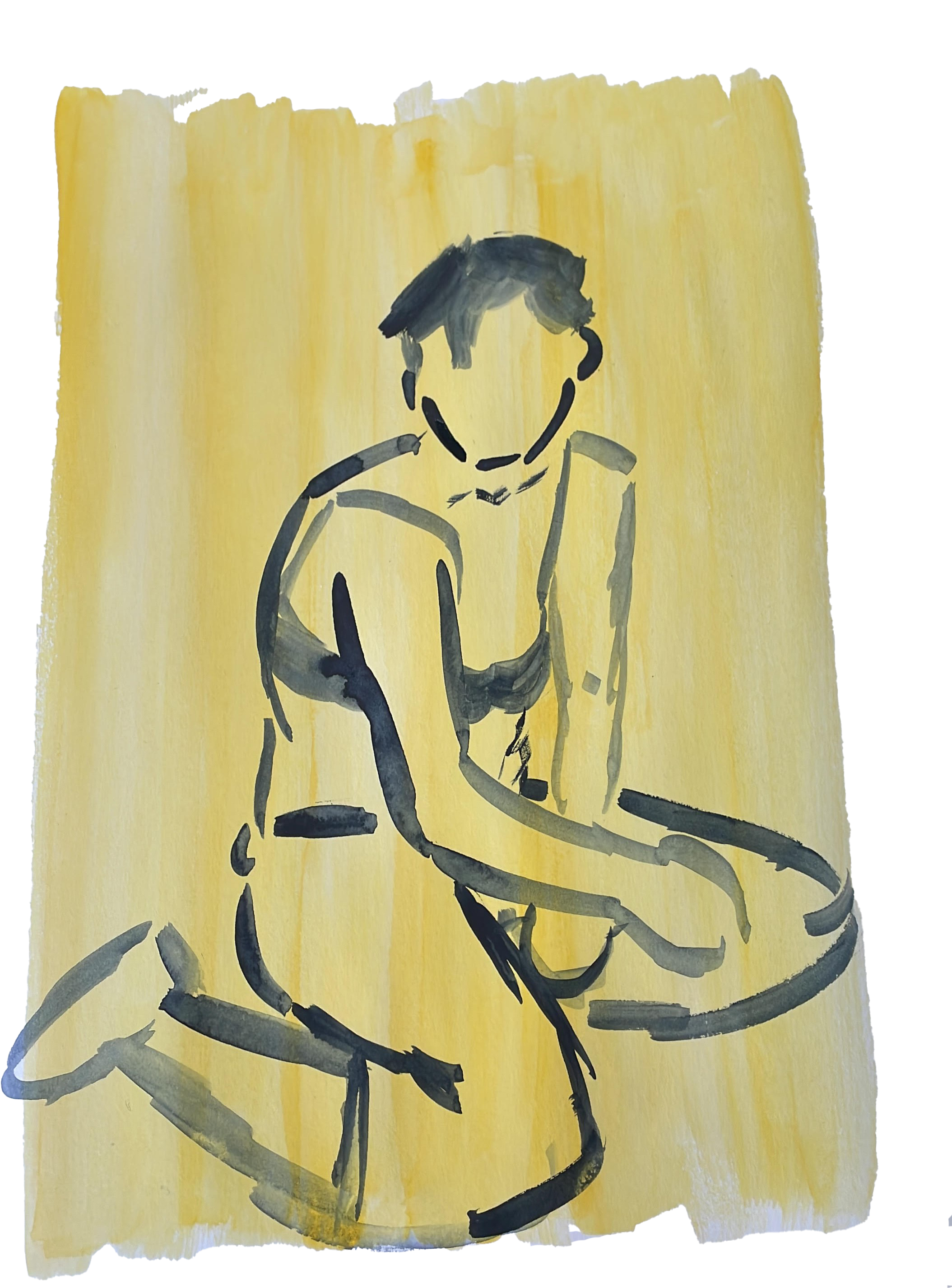 Aquarel painting of a woman sitting down. She's wearing long trousers and a bra. Her hair is short. The background is bright yellow, while the figure is painted in payne's grey.