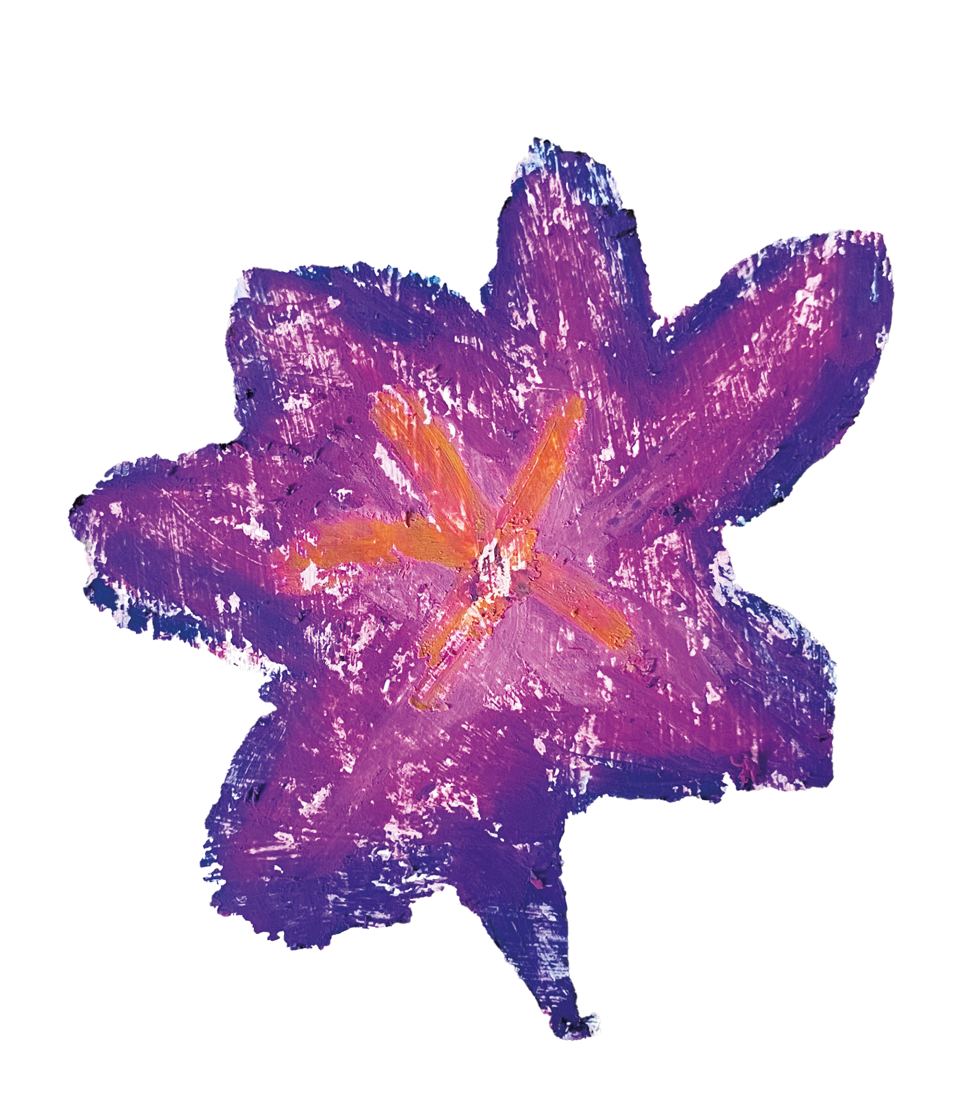 Oil pastel drawing of a purple flower with the inside bits being yellow.