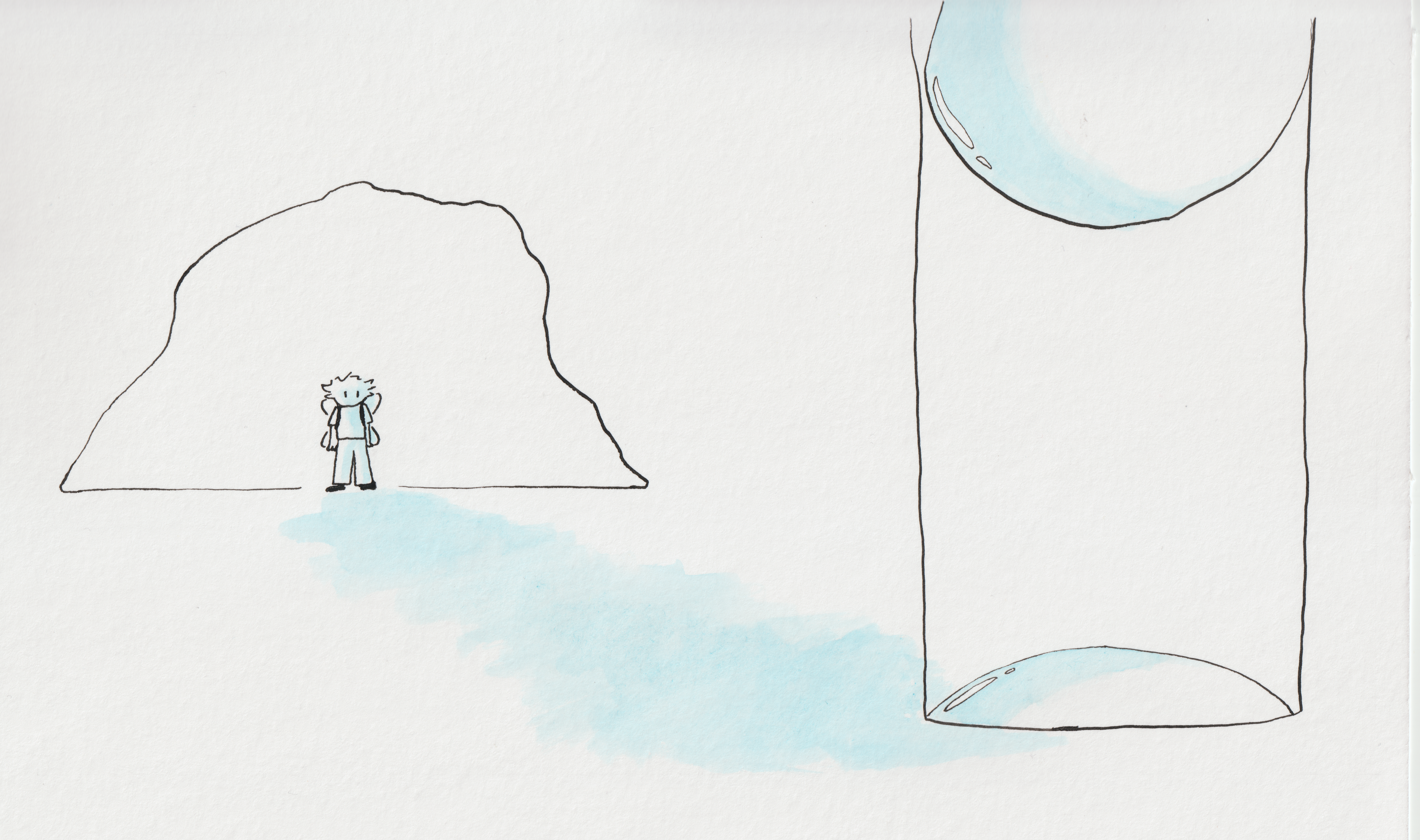 Drawing of my OC Jonas, a young elf, standing in an opening and looking at a bubble elevator, which shines a blue light. Drawn on white paper with ink and aquarel.