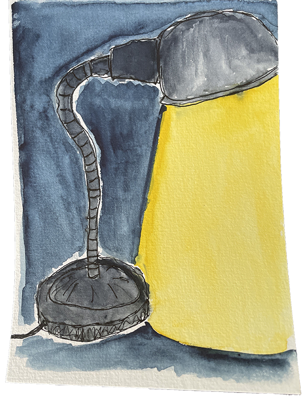 Painting of my desk lamp. The background is dark blue, the lamp is dark grey, and the light is bright yellow. The lamp is lined in ink.