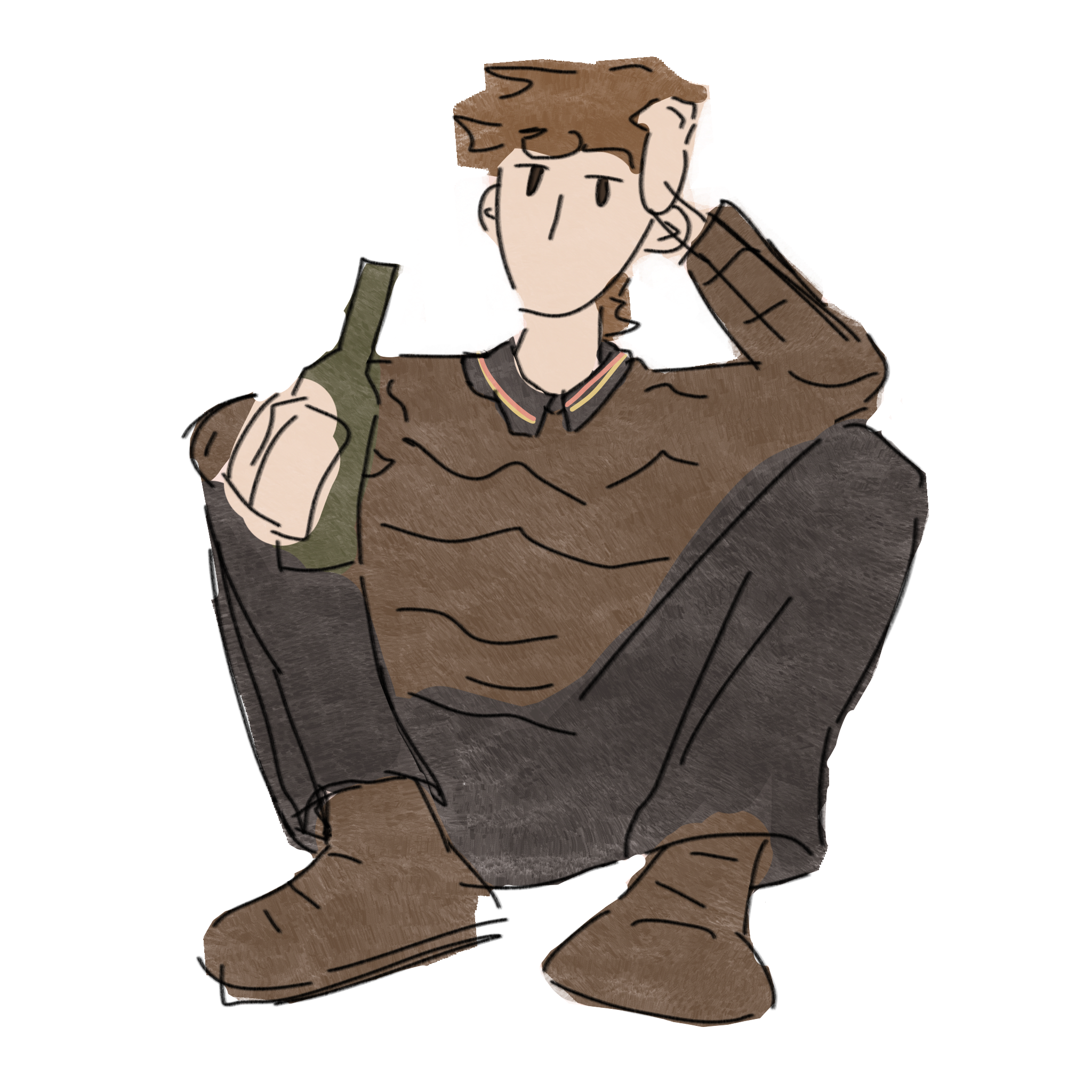 A digital drawing/sketch of Remus Lupin. He's sitting down, knees propped up, one hand holding a beer bottle, other hand in his hair. His hair is brown, as are is sweater and shoes. His trousers are black.